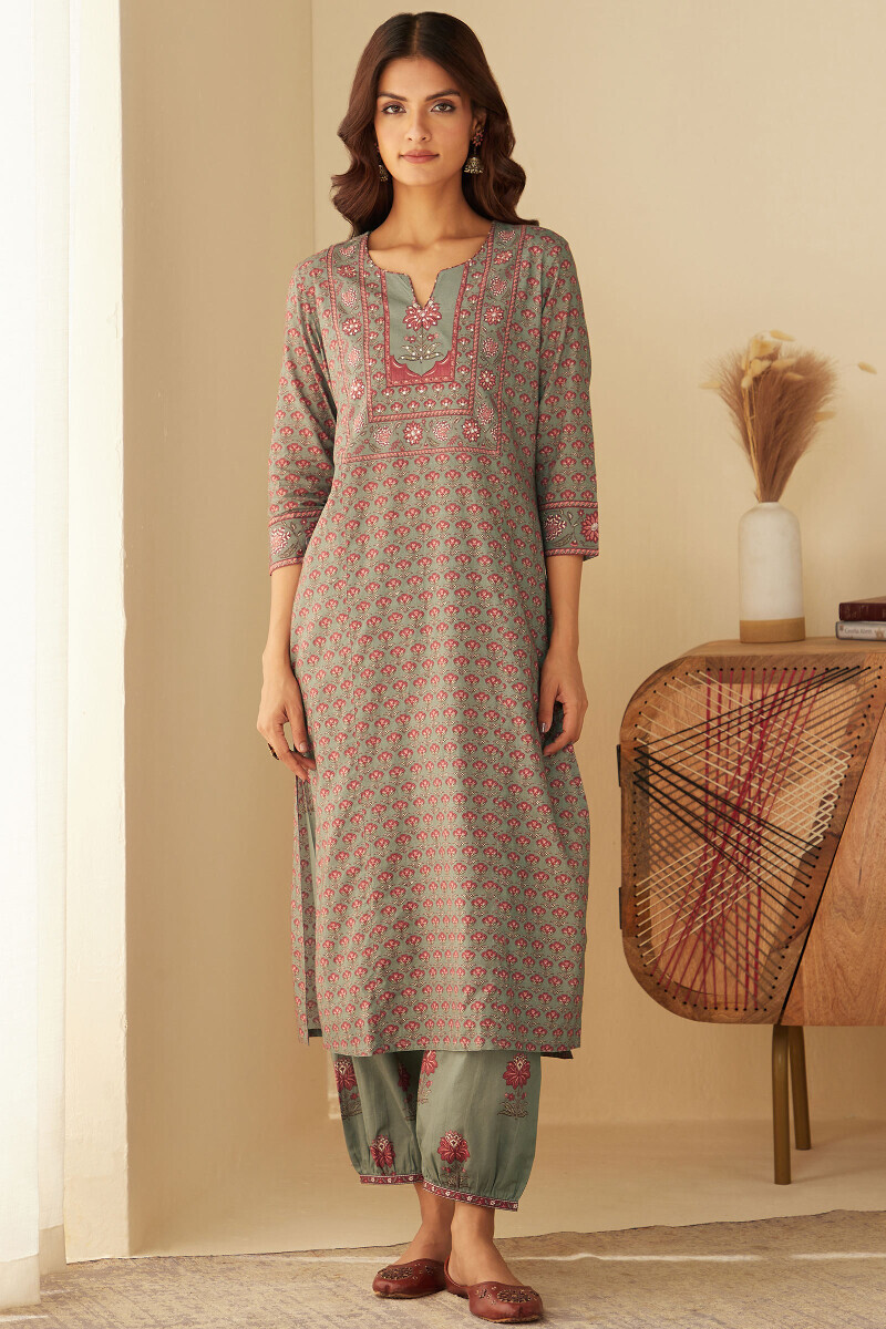 Grey Printed Straight Cotton Kurta