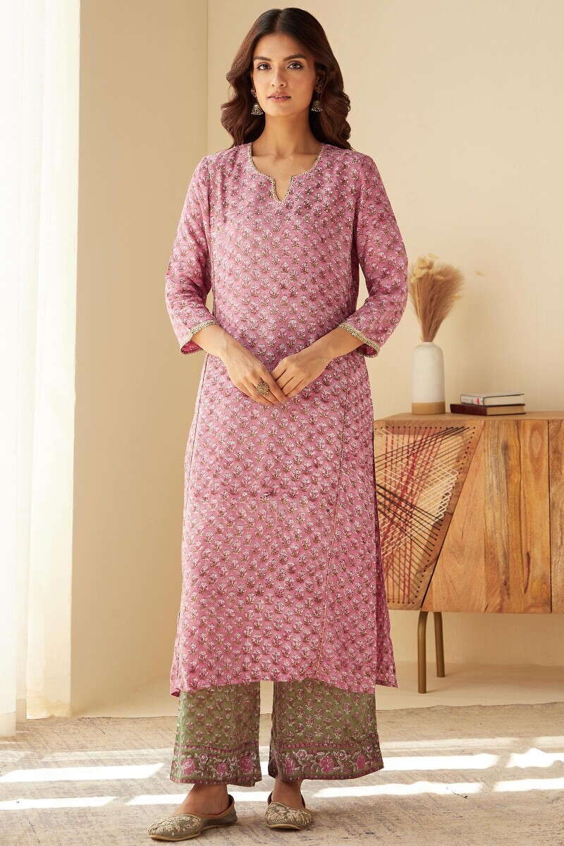 Purple Hand Block-Printed Straight Viscose Kurta