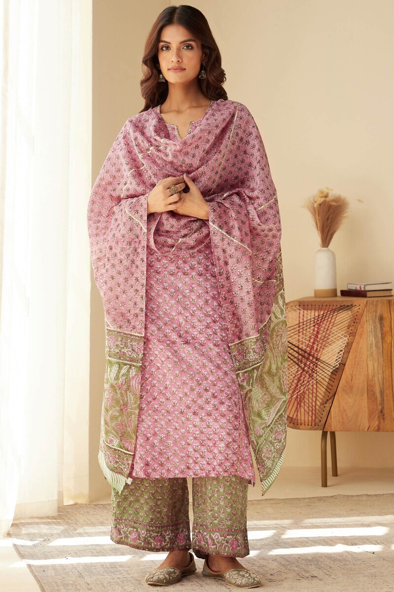 Purple Hand Block-Printed Chanderi Dupatta