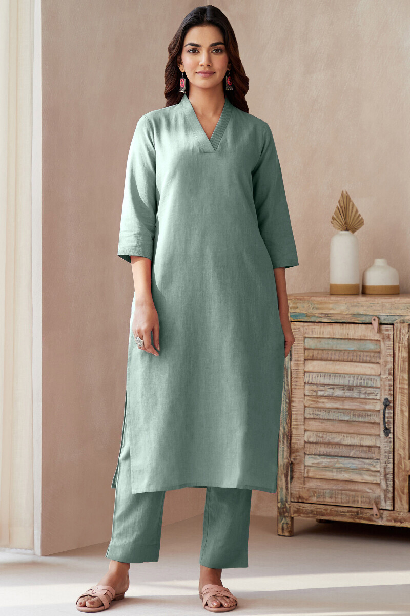 Steel Blue Hand Block-Printed Straight Cotton Kurta