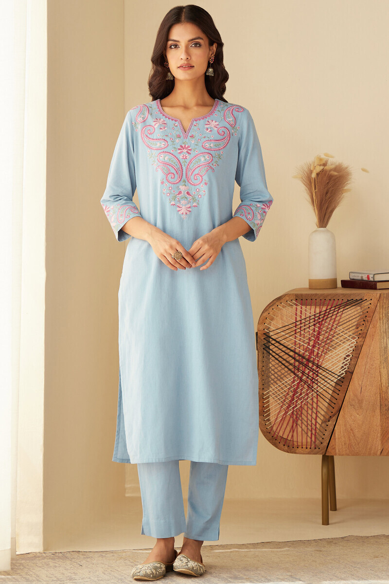 Sky Blue handcrafted Straight Cotton Flax Kurta