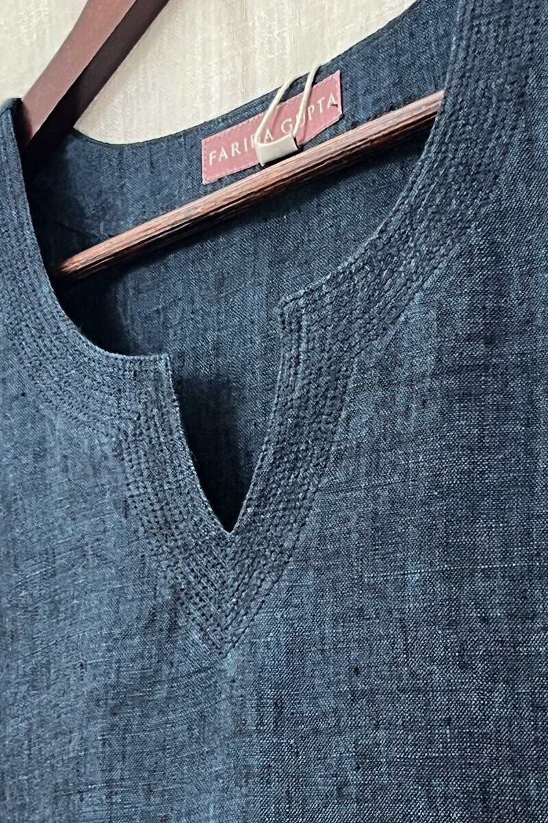 Navy Blue Handcrafted Straight Linen Kurta