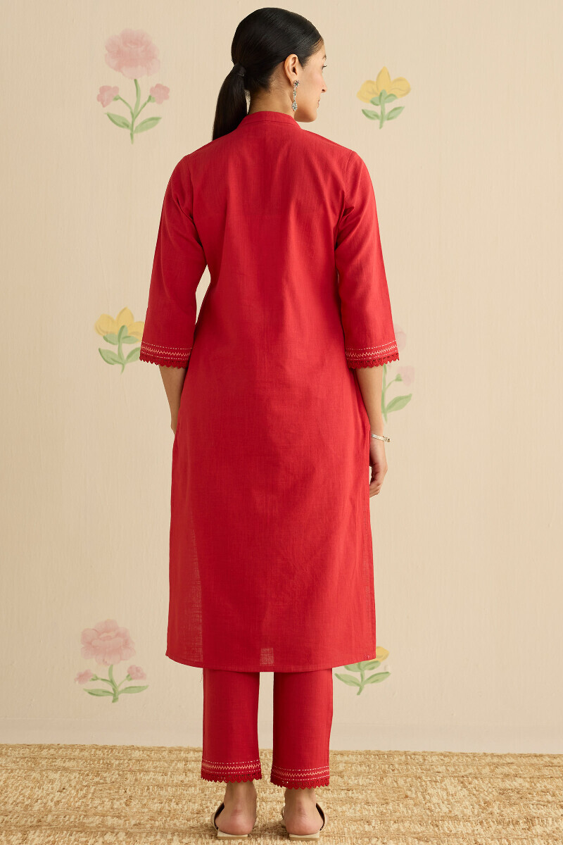 Red Handcrafted Straight Gauze Slub Kurta