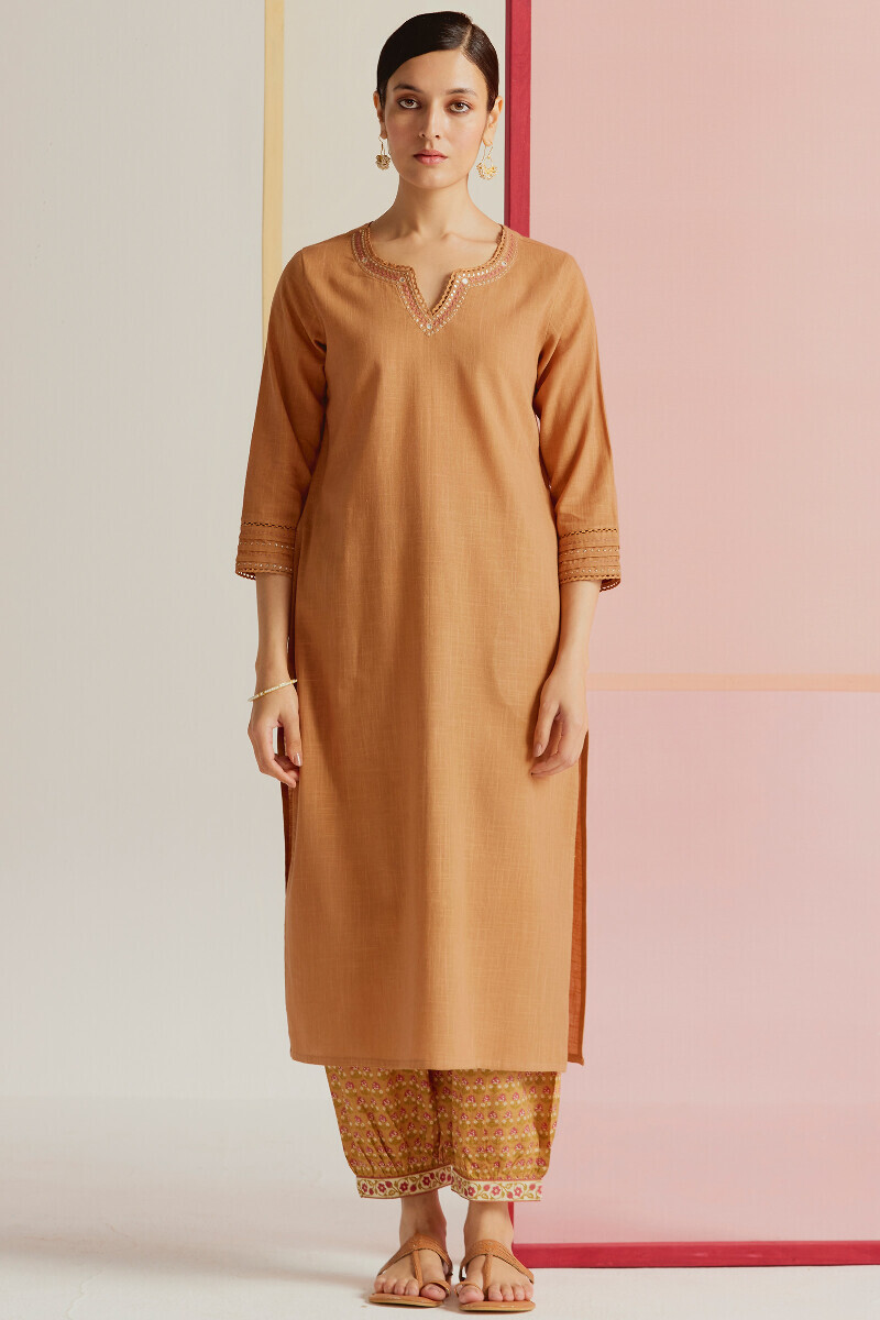 Mustard Handcrafted Straight Gauze Slub Kurta