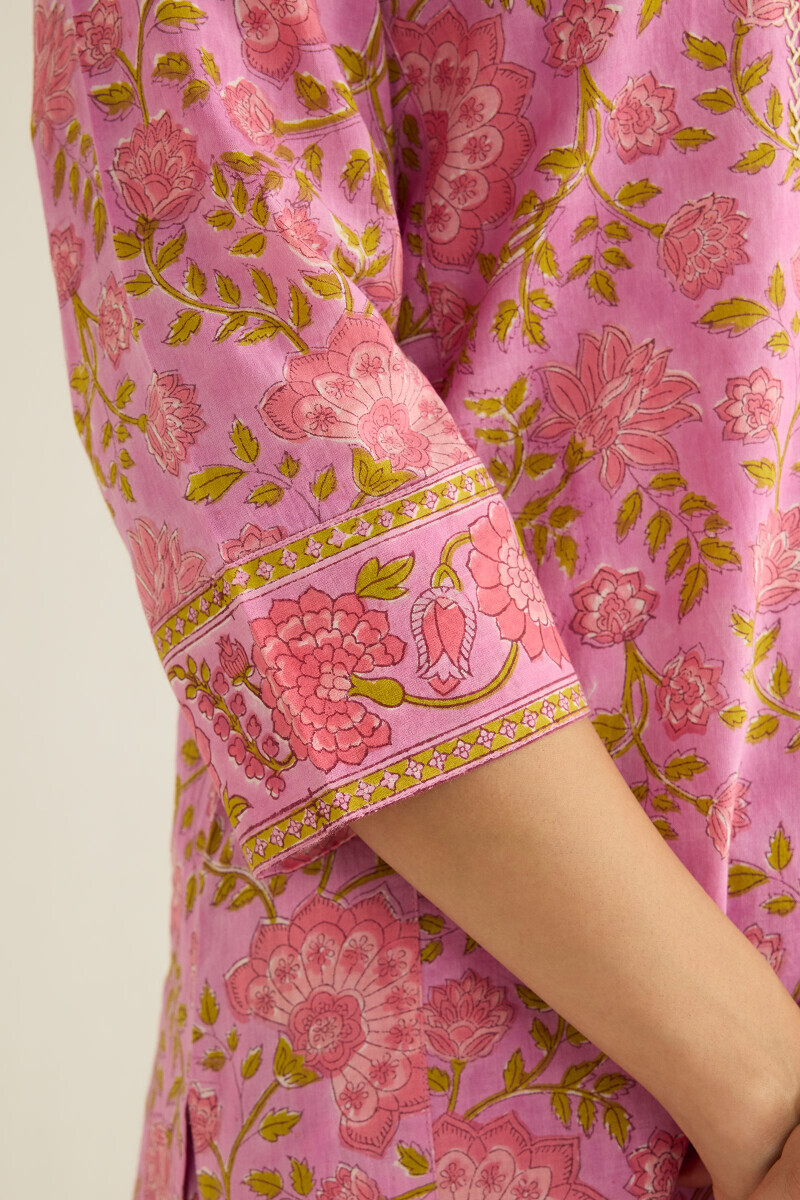 Purple Hand Block Printed Straight Cotton Kurta