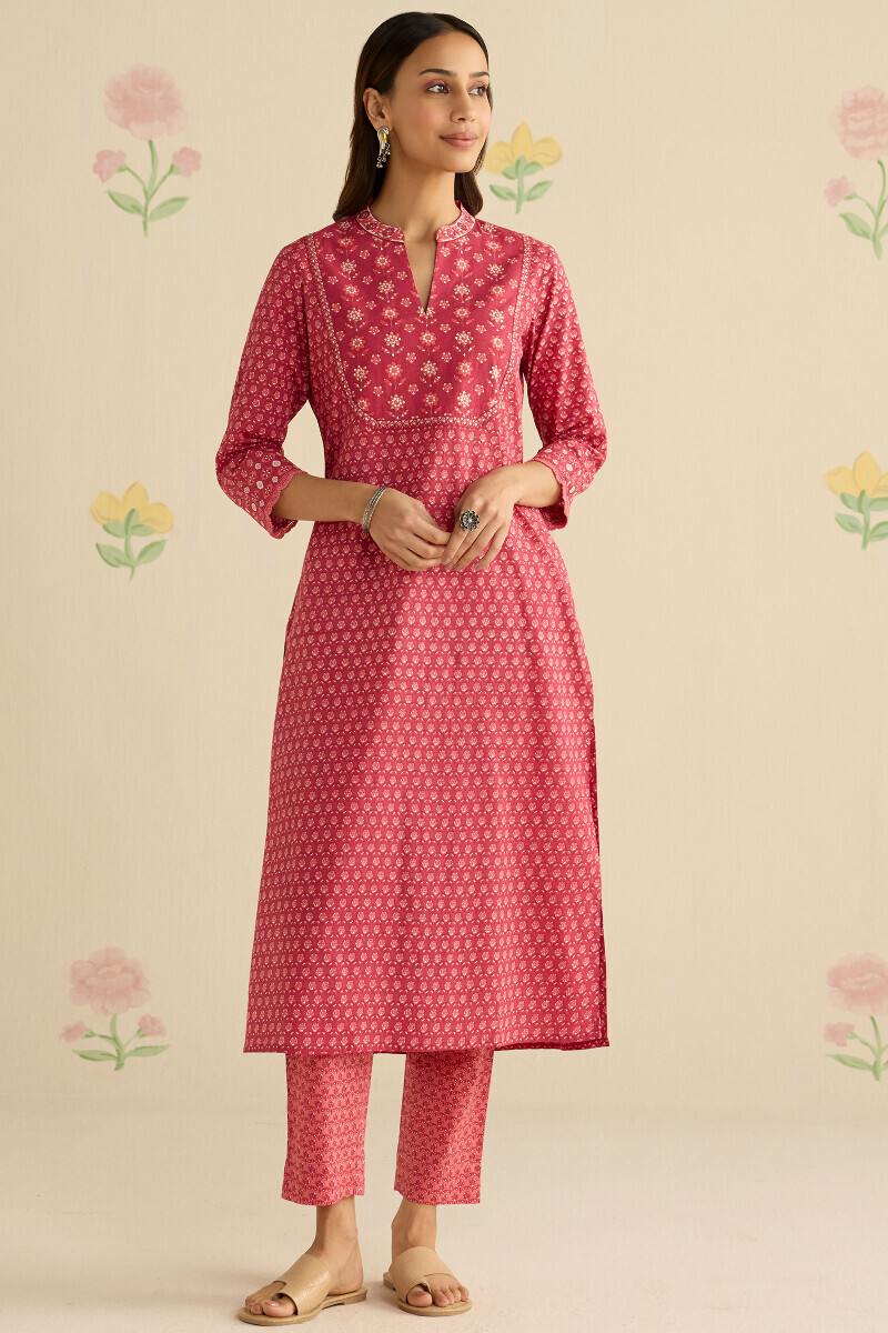 Pink Hand Printed Straight Cotton Kurta