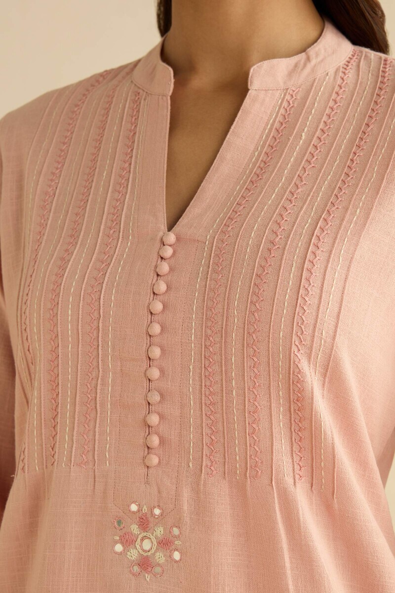 Pink Handcrafted Straight Gauze Slub Kurta
