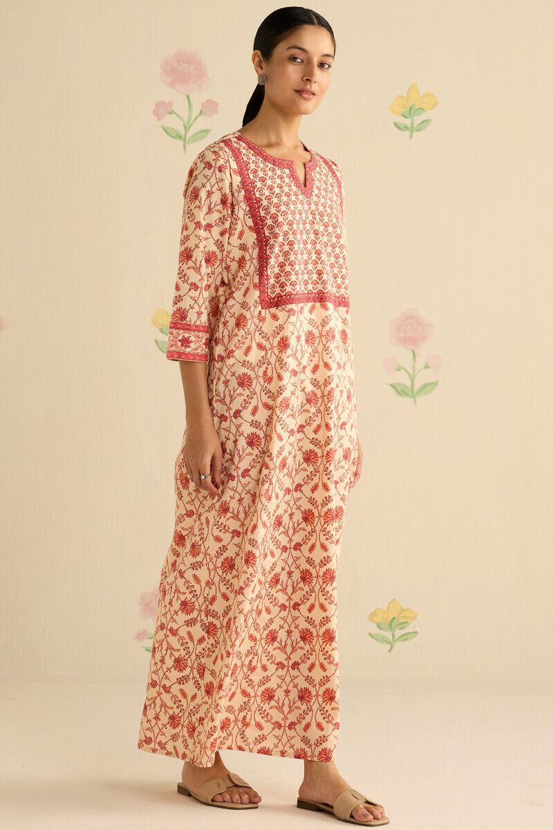 Cream Hand Printed Cotton Kaftan
