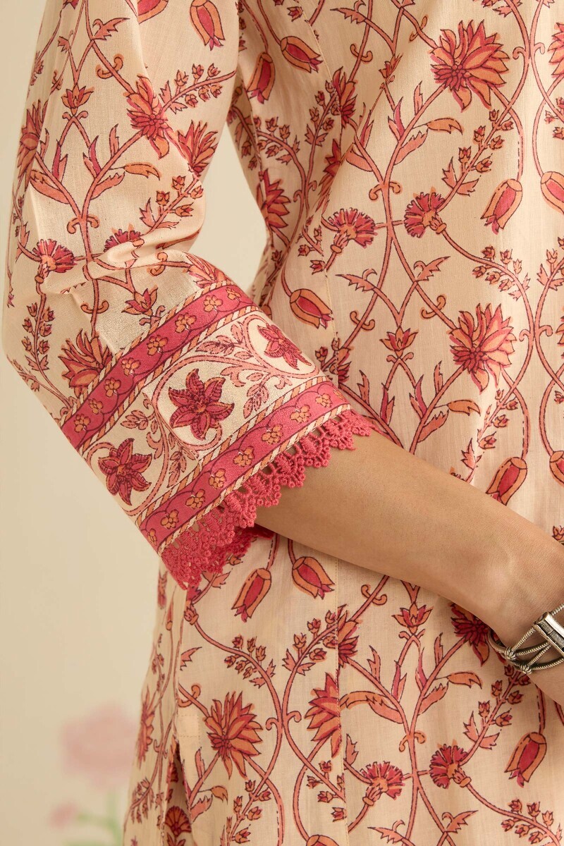 Cream Hand Printed Straight Cotton Kurta