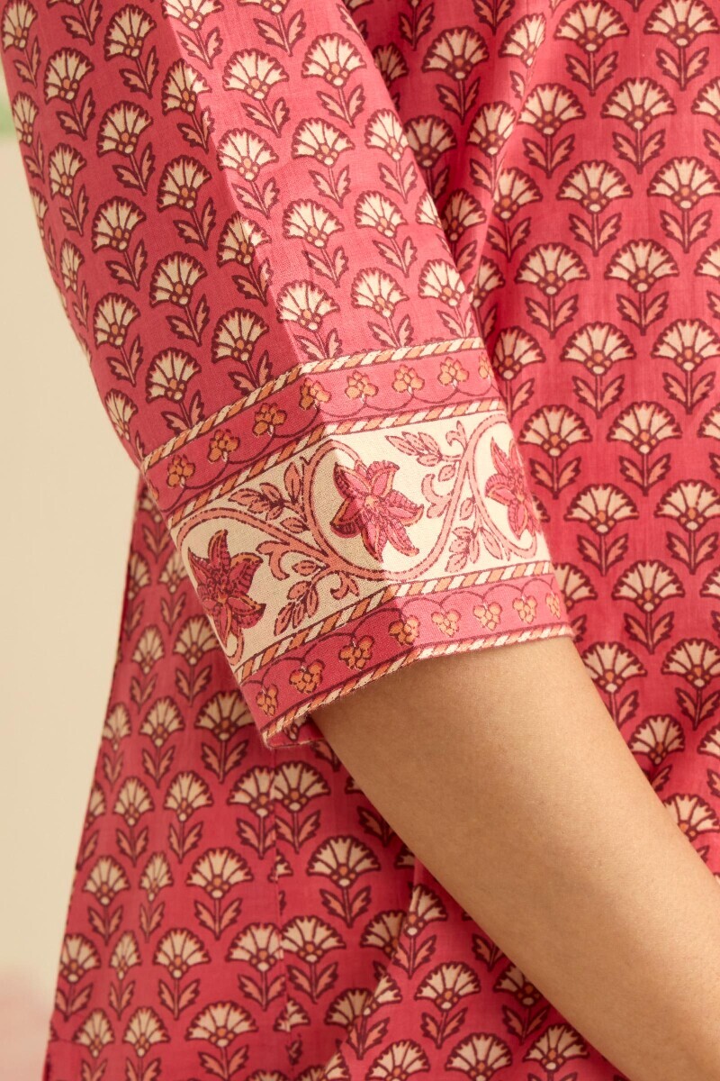 Pink Hand Printed Straight Cotton Kurta