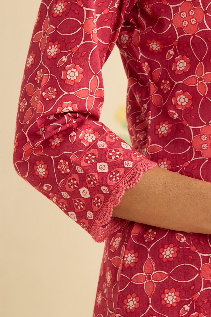 Pink Hand Printed Straight Cotton Kurta