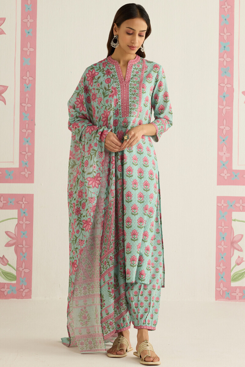 Blue Printed Straight Cotton Kurta