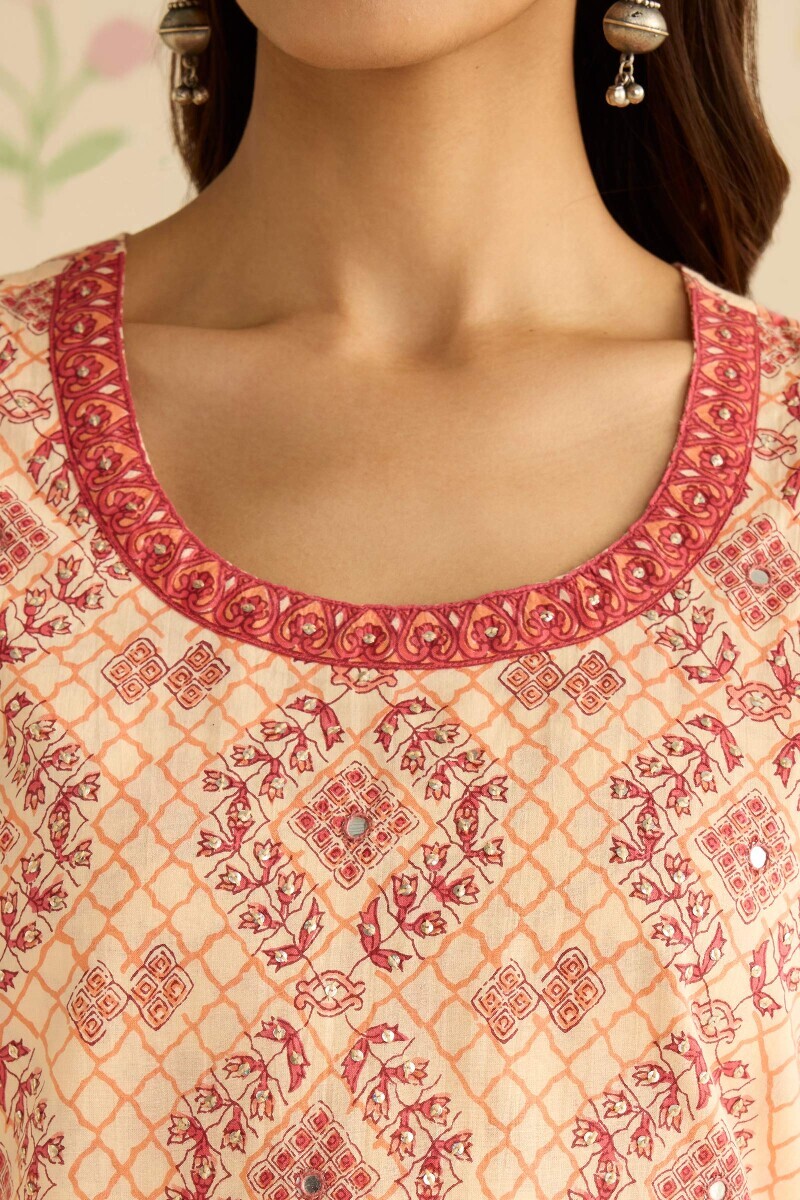 Cream Hand Printed Straight Cotton Kurta