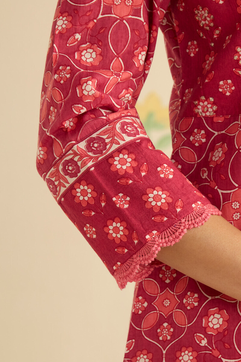 Pink Hand Printed Straight Cotton Kurta