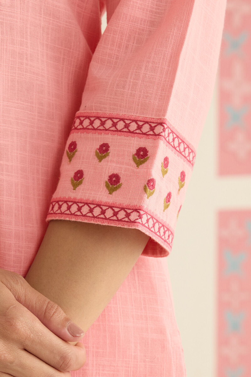 Pink Handcrafted Straight Gauze Slub Kurta