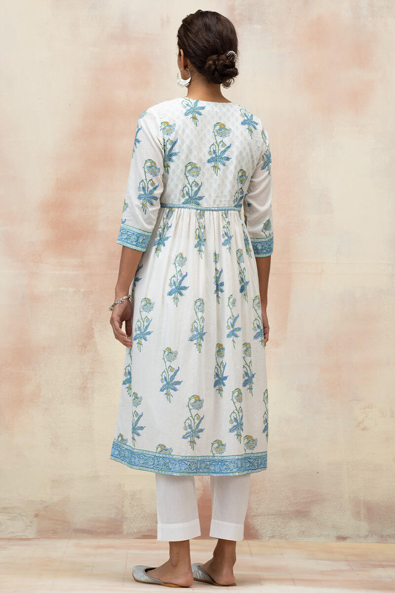 White Block Printed A-Line Cotton Kurta
