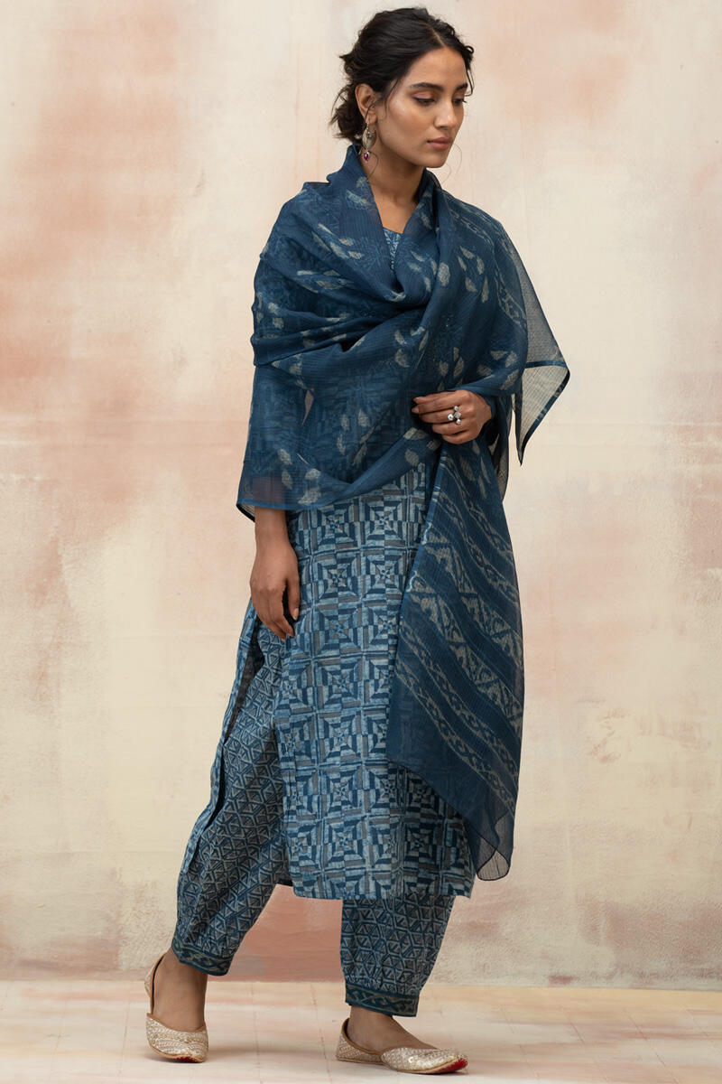 Indigo Block Printed Straight Cotton Kurta