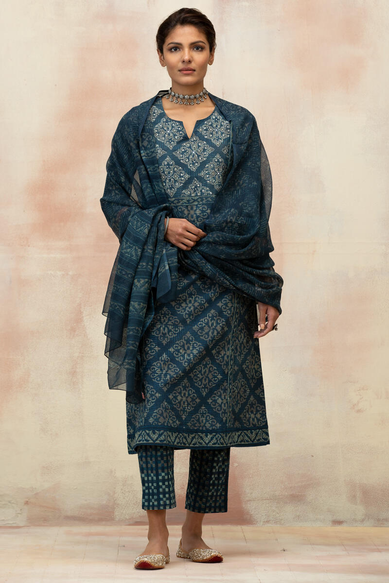 Indigo Block Printed A-Line Cotton Kurta