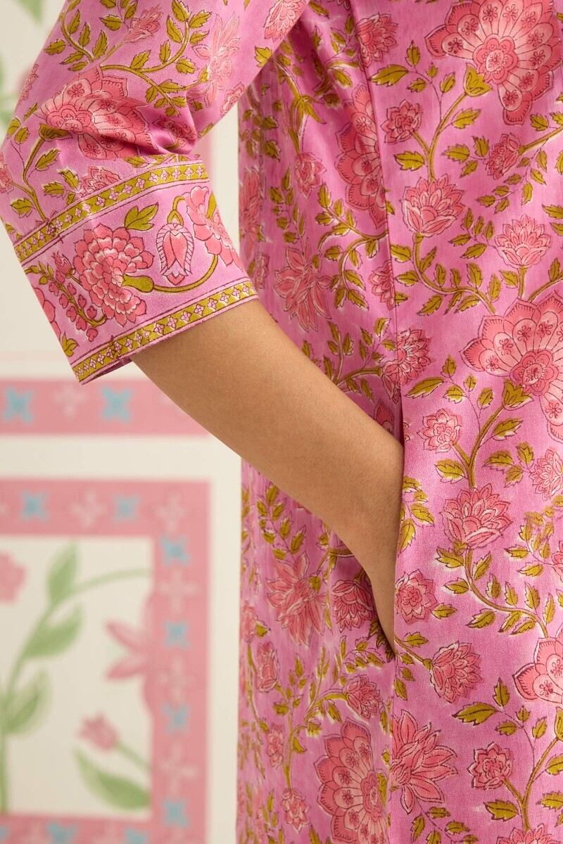 Purple Hand Block Printed Cotton Kaftan