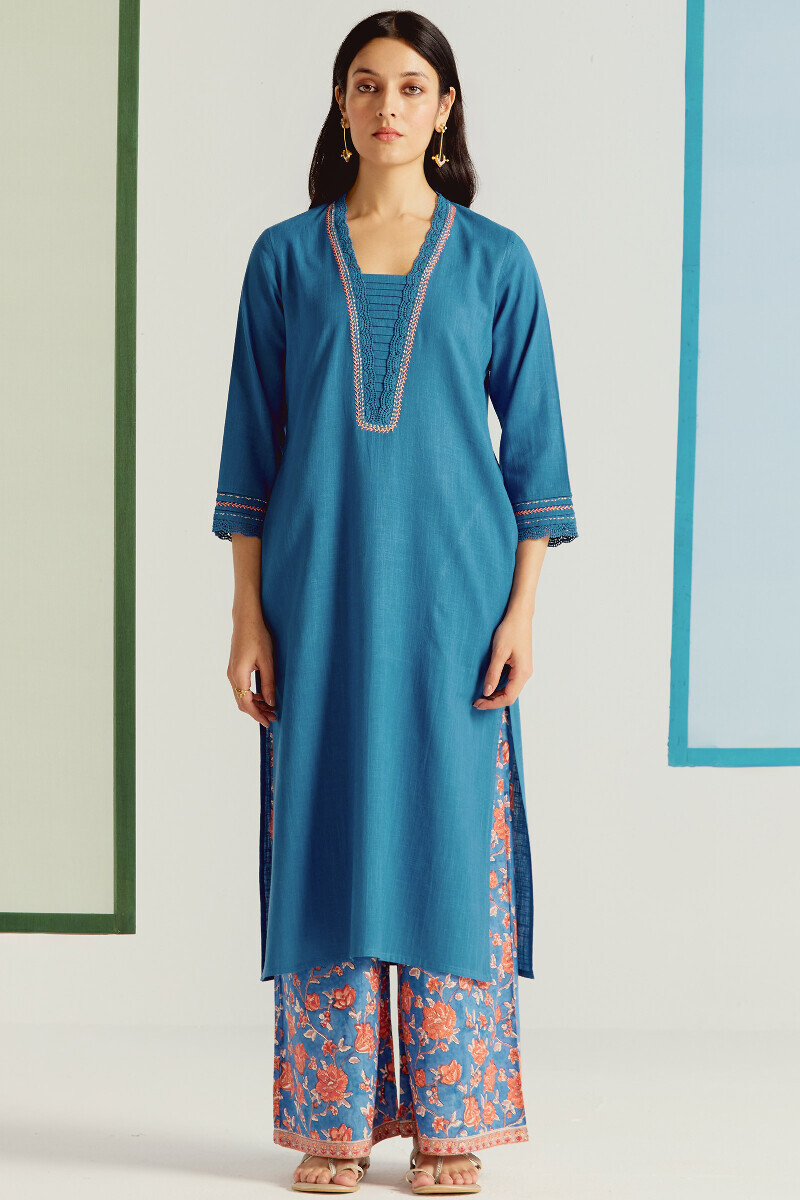 Blue Handcrafted Straight Gauze Slub Kurta