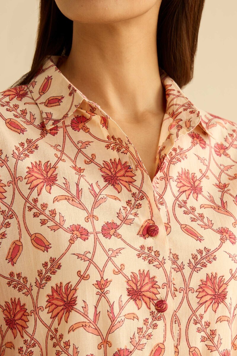 Cream Hand Printed Cotton Loungewear Set