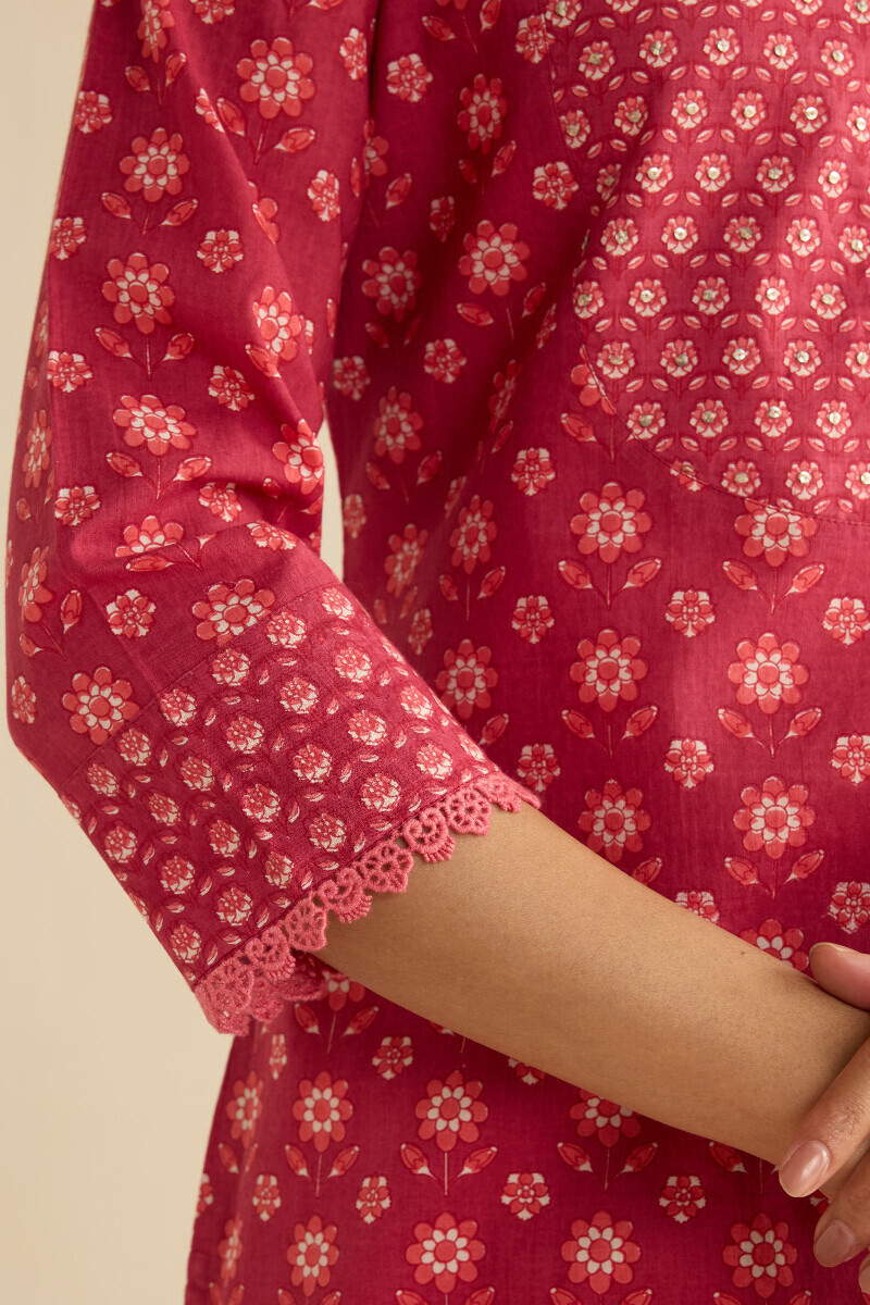 Pink Hand Printed Straight Cotton Kurta