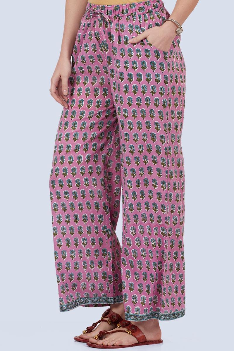 Purple Block Printed Cotton Farsi Pants