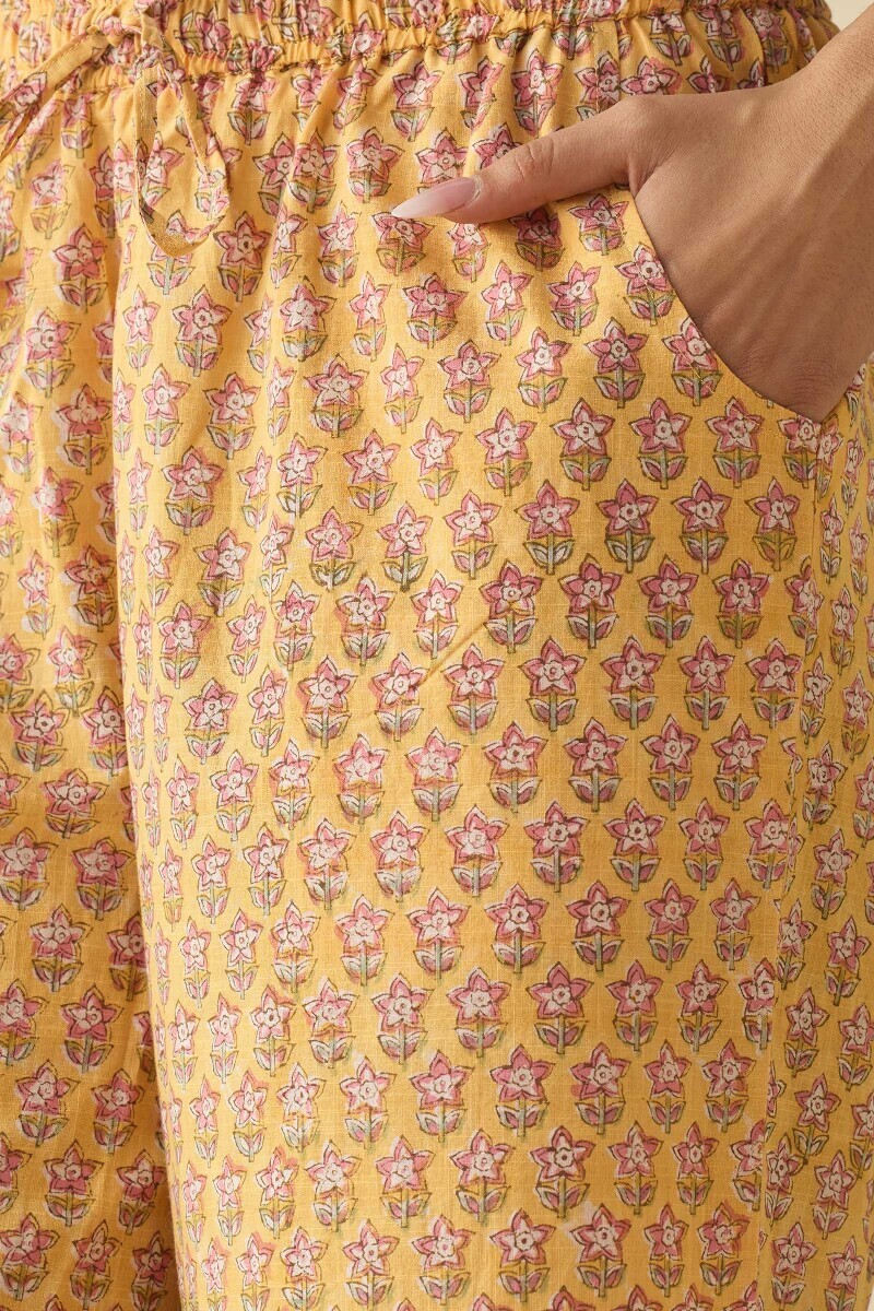 Yellow Hand Block Printed Cotton Slub Farsi
