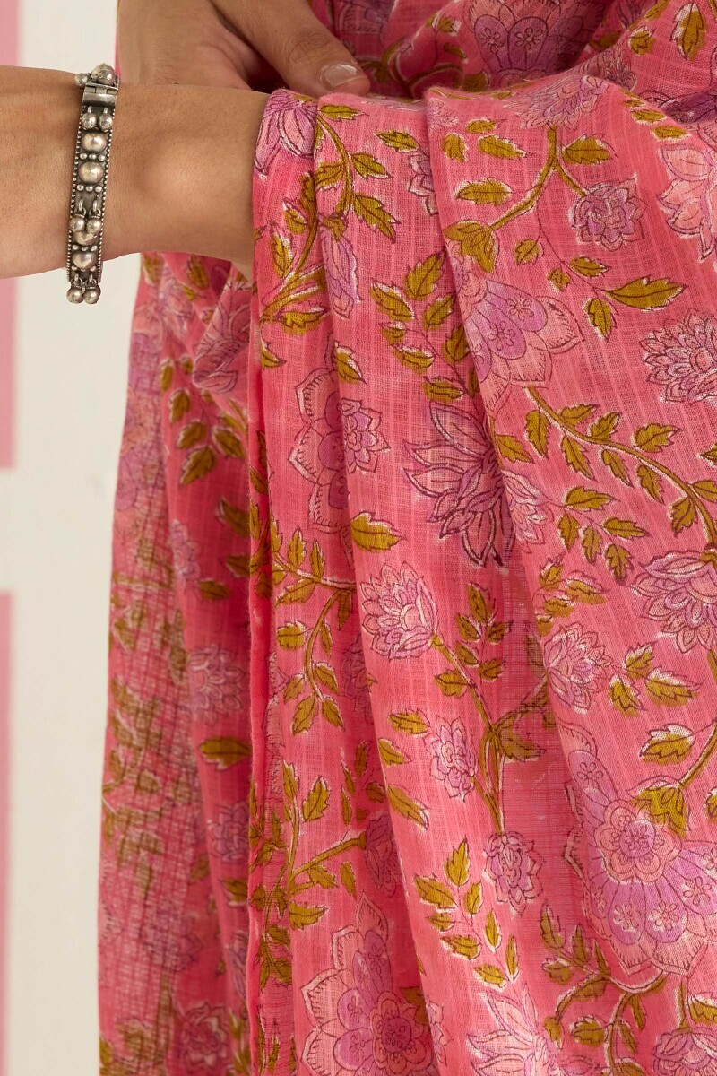 Pink Hand Block Printed Kota Dupatta
