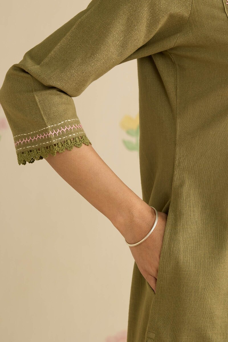 Green Handcrafted Straight Gauze Slub Kurta