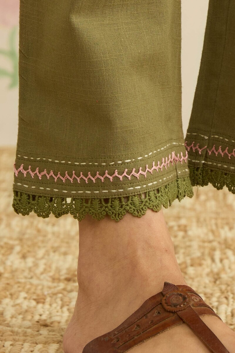 Green Handcrafted Gauze Slub Narrow Pants