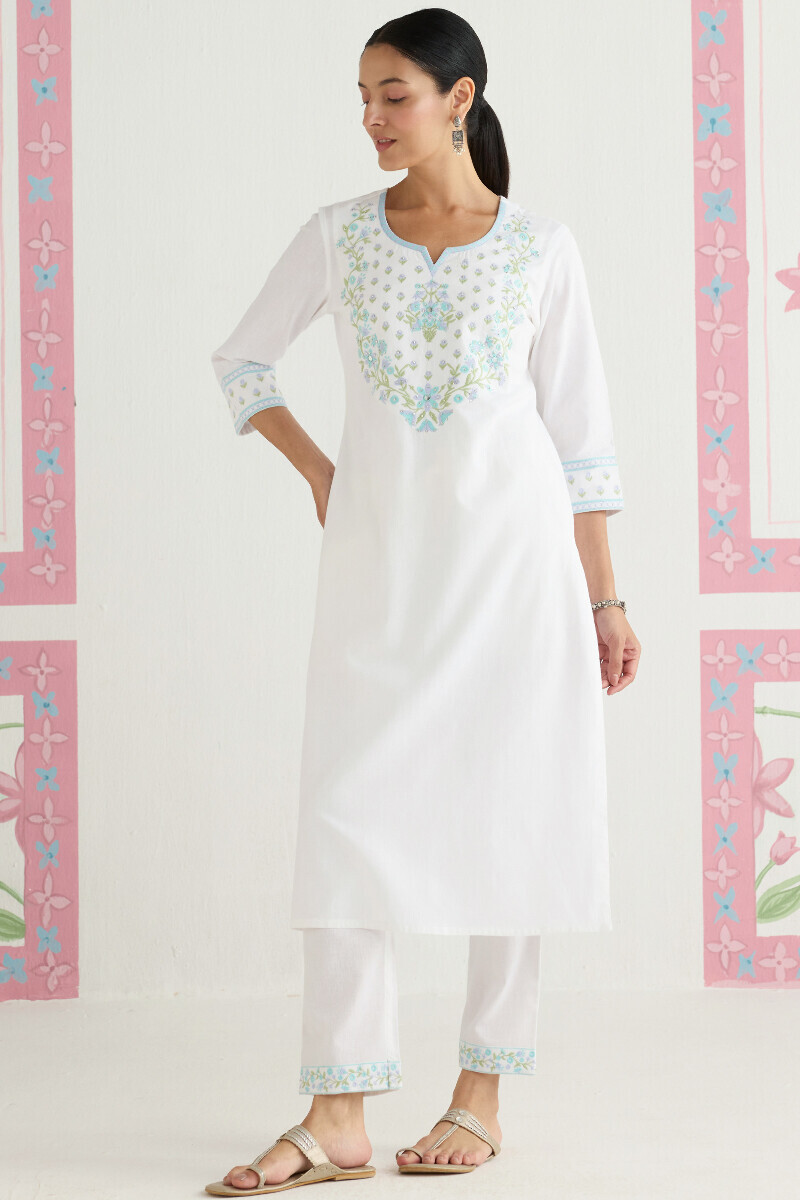 White Handcrafted Straight Cotton Flax Kurta