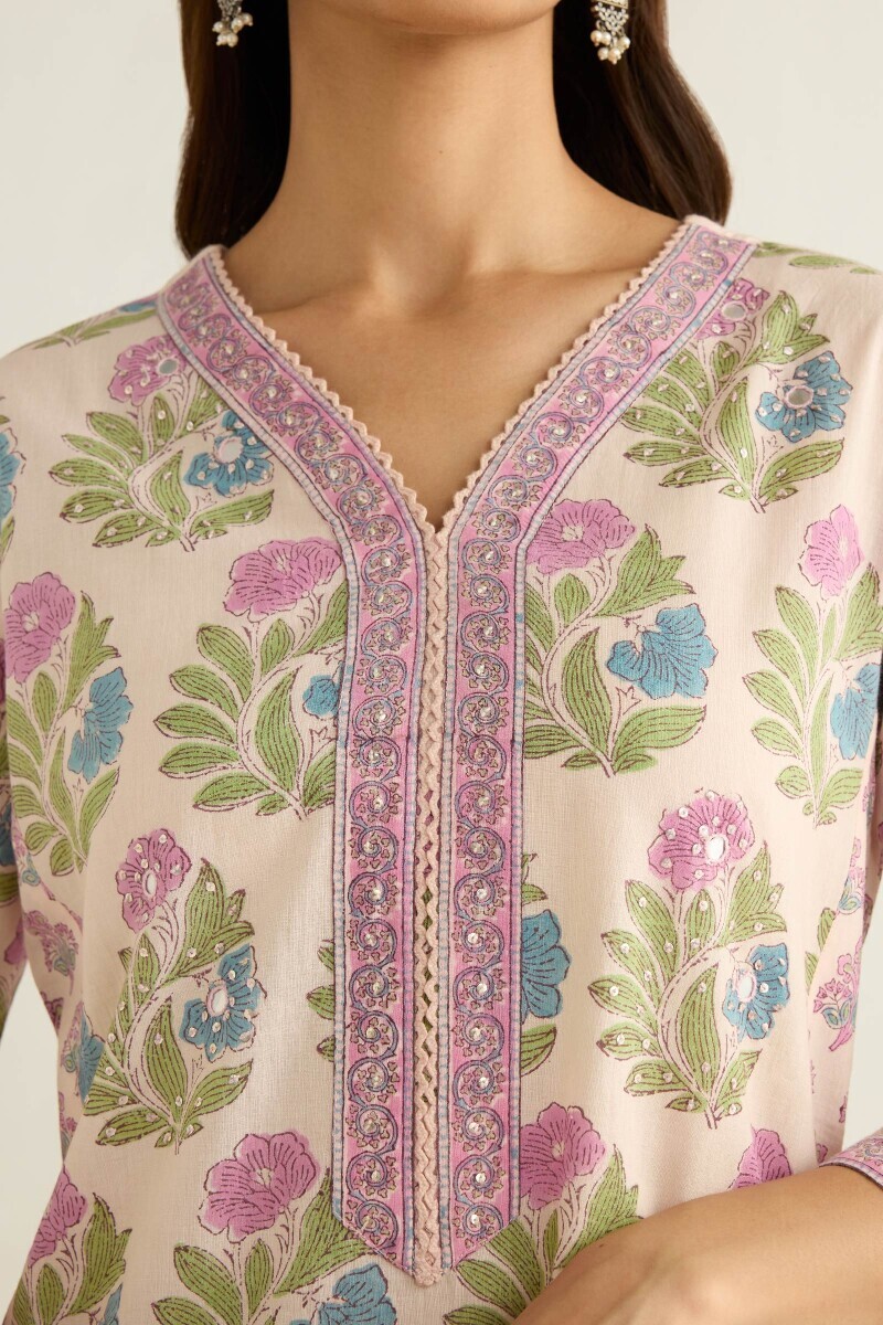 Off-White Hand Block Printed Straight Cotton Kurta