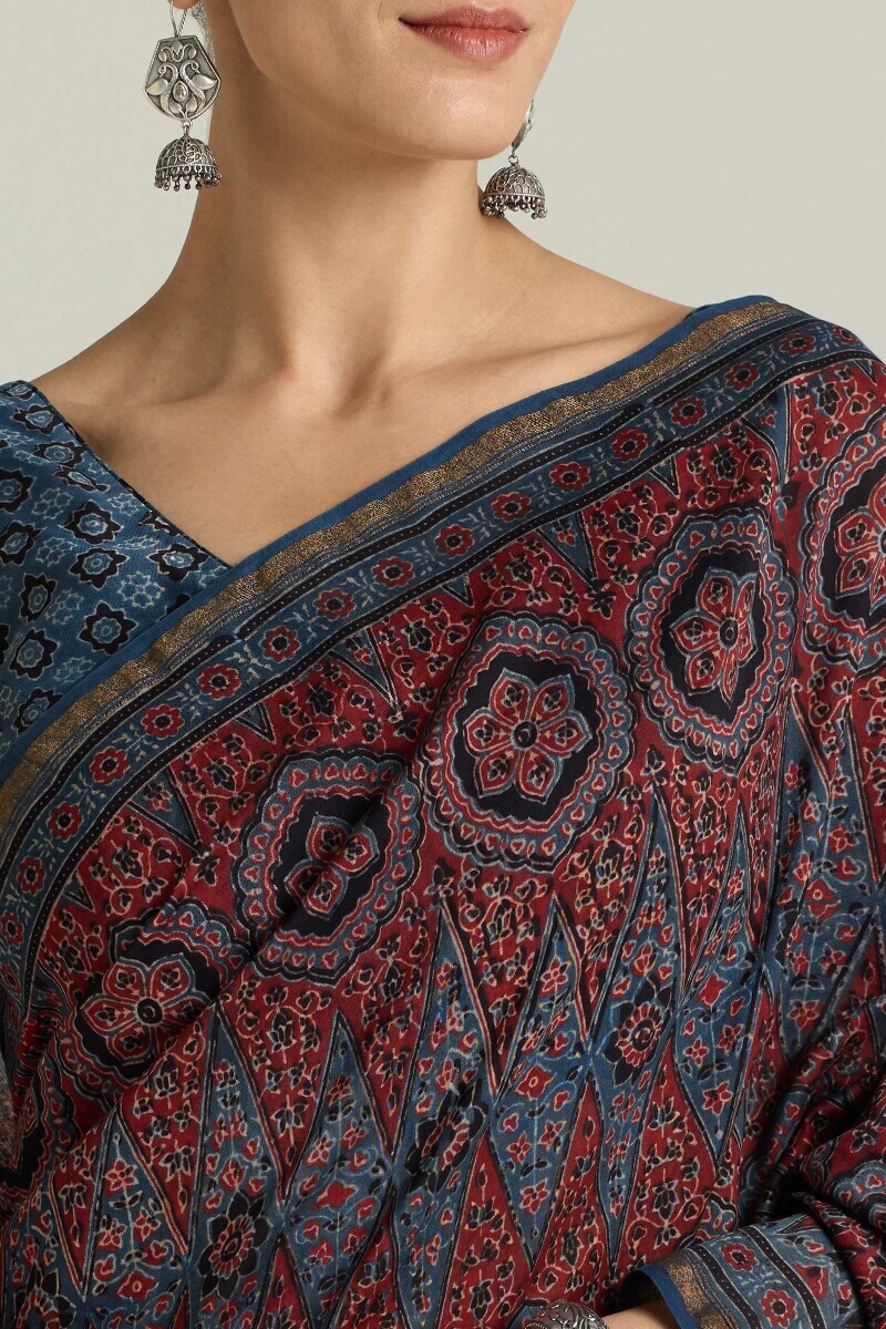Indigo Hand Block Printed Chanderi Saree