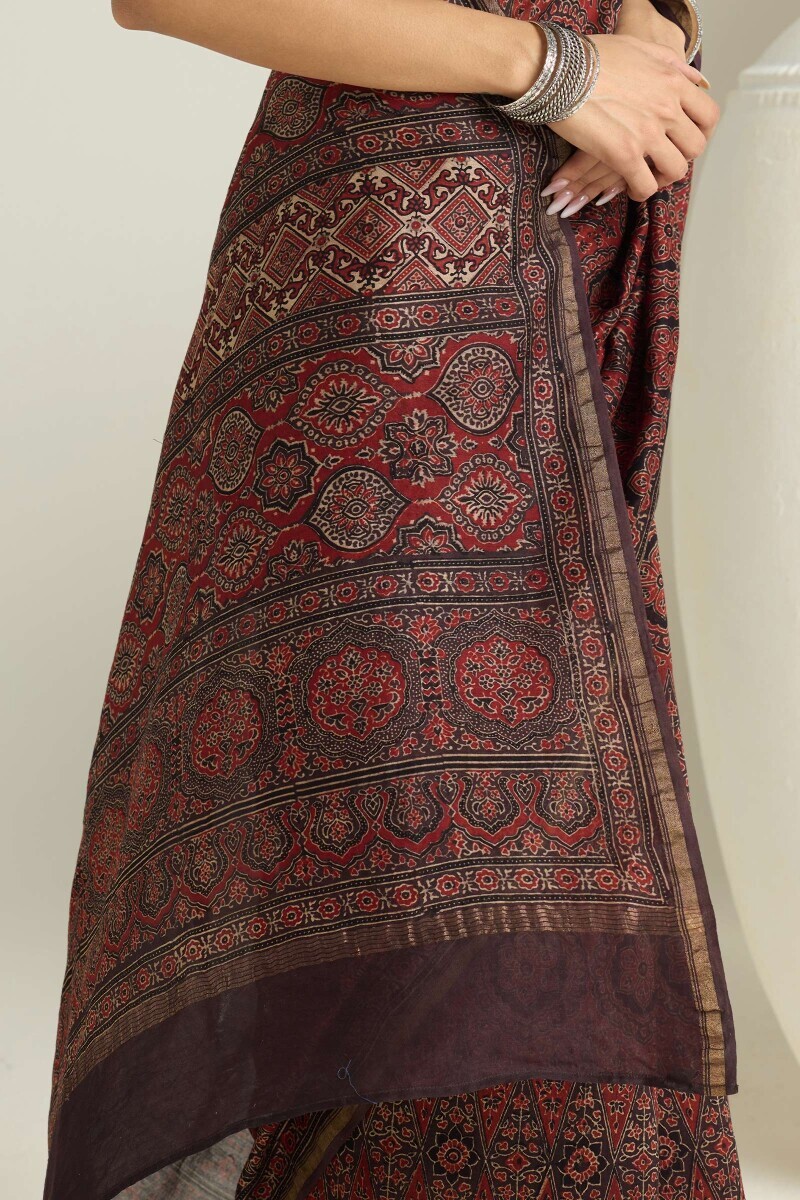 Red Hand Block Printed Chanderi Saree
