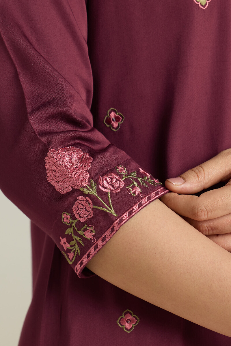 Purple Handcrafted Straight Modal Satin Kurta