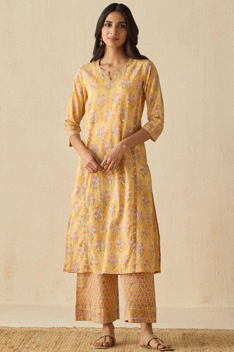 Yellow Hand Block Printed Straight Cotton Slub Kurta