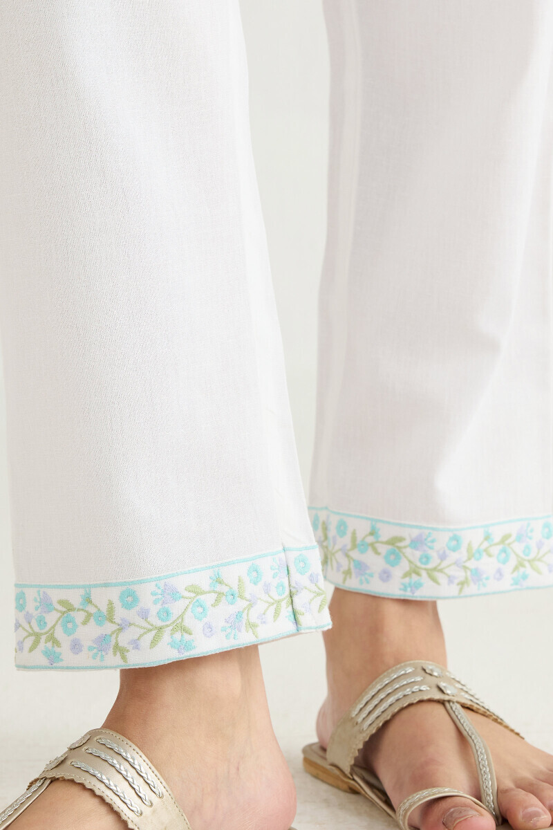 White Handcrafted Cotton Flax Narrow Pants