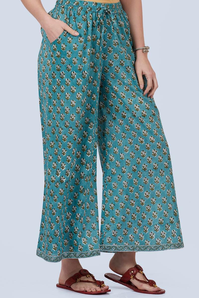 Green Block Printed Cotton Palazzo