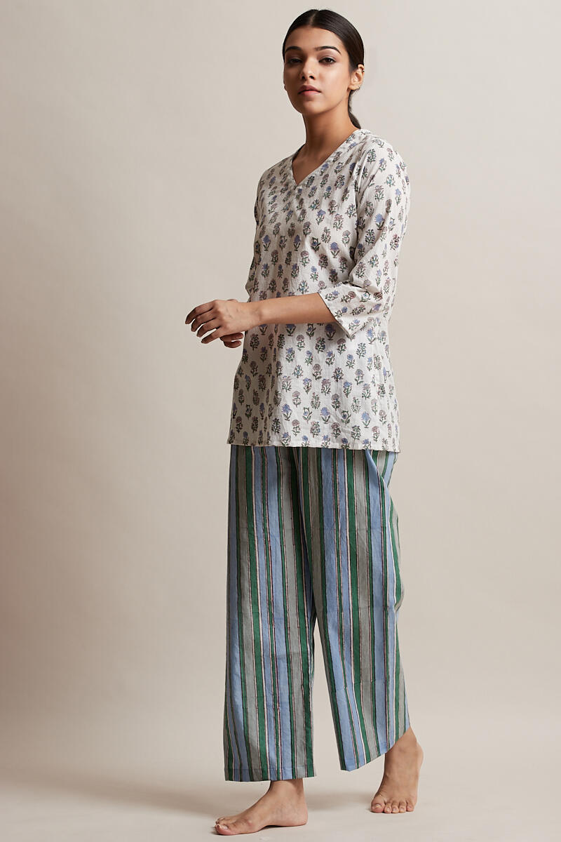 White Block Printed Cotton Nightsuit