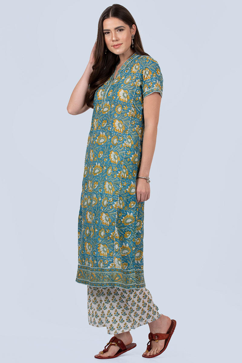 Blue Block Printed Straight Cotton Kurta