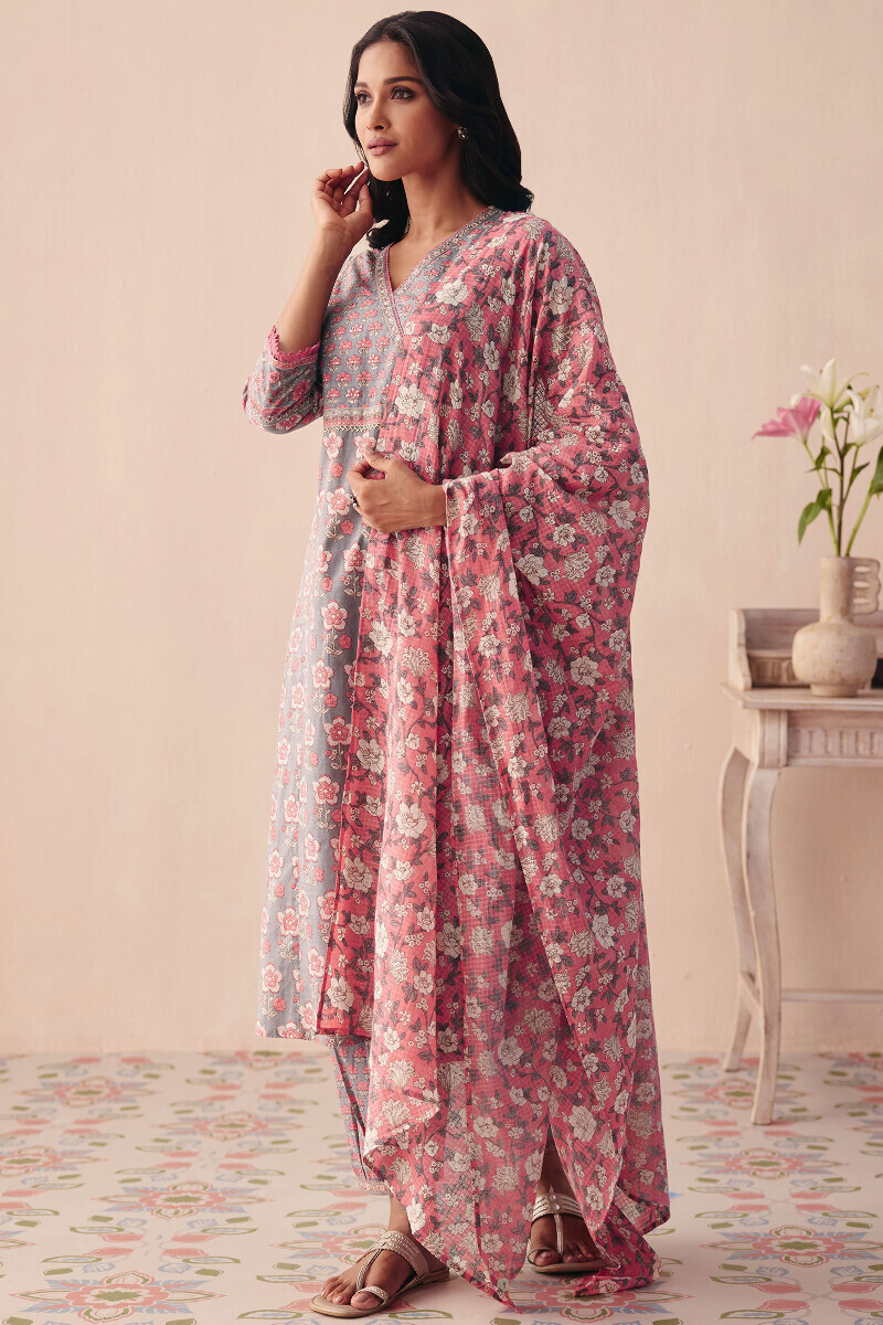 Grey Hand Printed Straight Cotton Slub Kurta