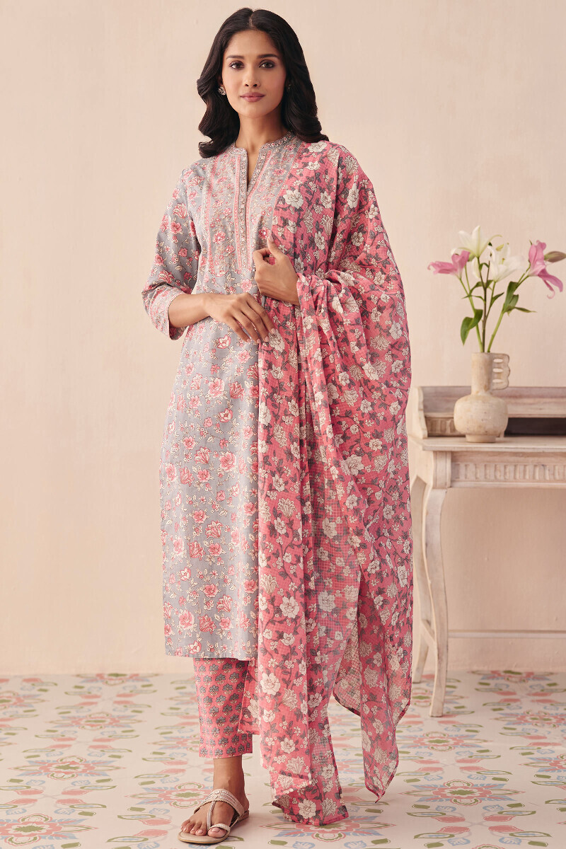 Grey Hand Printed Straight Cotton Slub Kurta