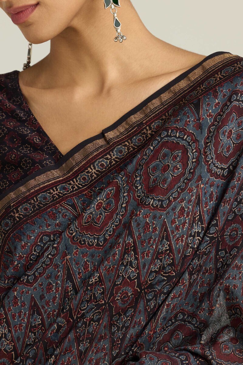Ajrakh Hand Block-Printed Chanderi Saree