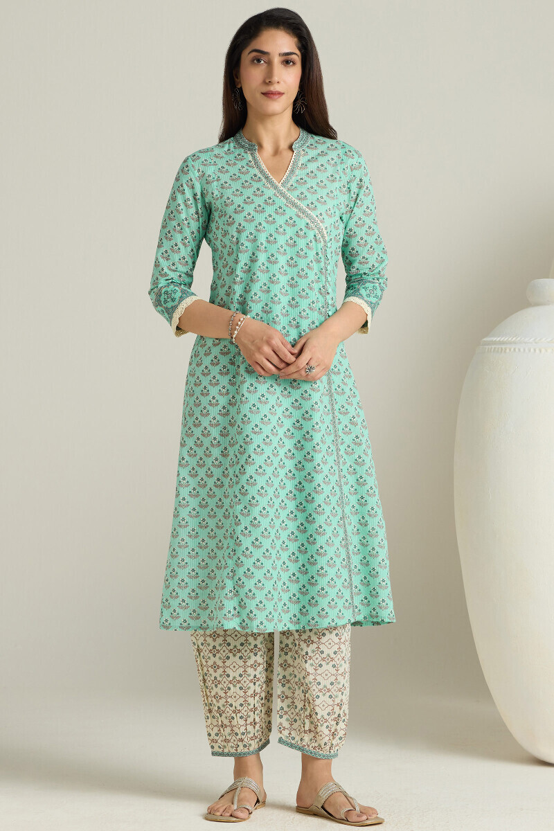 Blue Hand Printed Angrakha Cotton Dobby Kurta