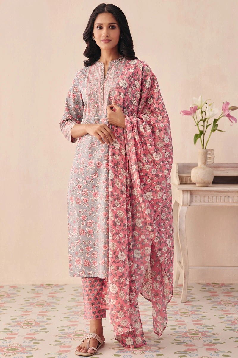 Pink Hand Printed Cotton Slub Narrow Pants
