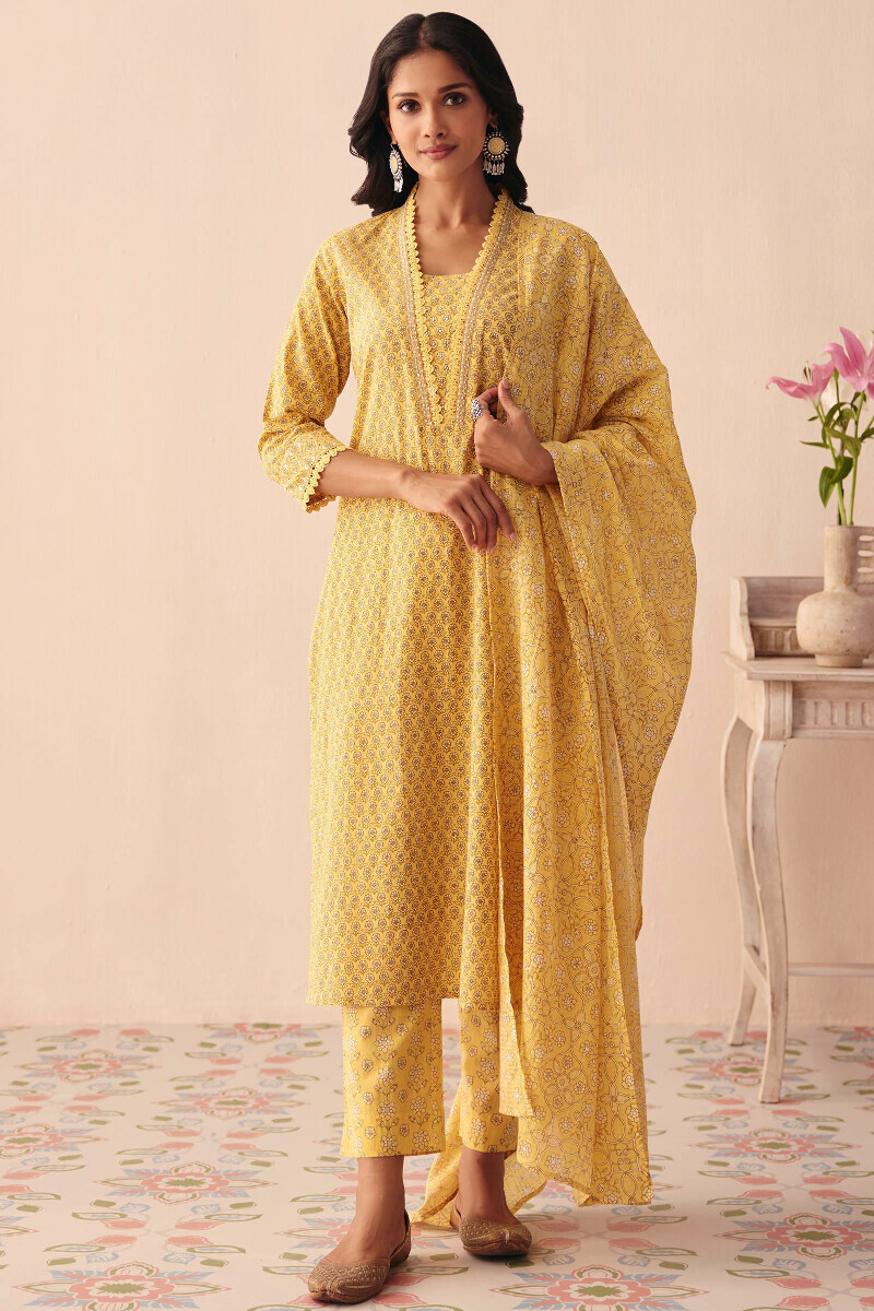 Yellow Hand Printed Straight Cotton Kurta