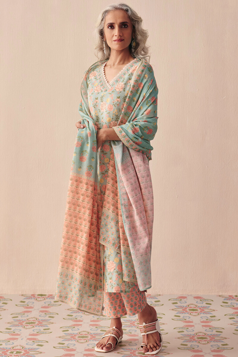 Blue Printed Straight Cotton Kurta