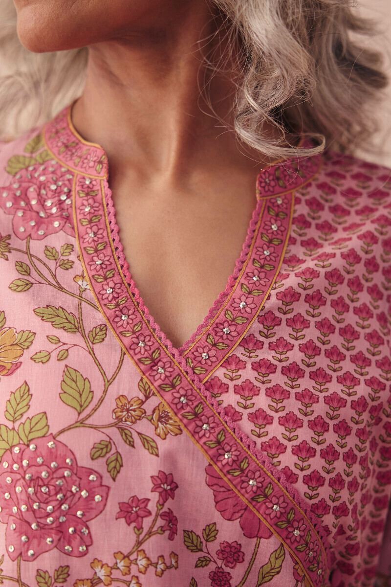 Pink Hand Printed Angrakha Cotton Kurta