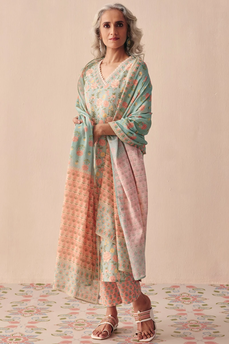 Pink Printed Cotton Narrow Pants